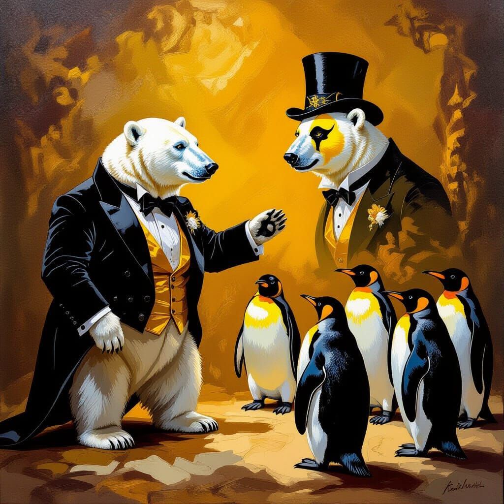Regal Polar Bear in Tuxedo Meets Surprised Penguins