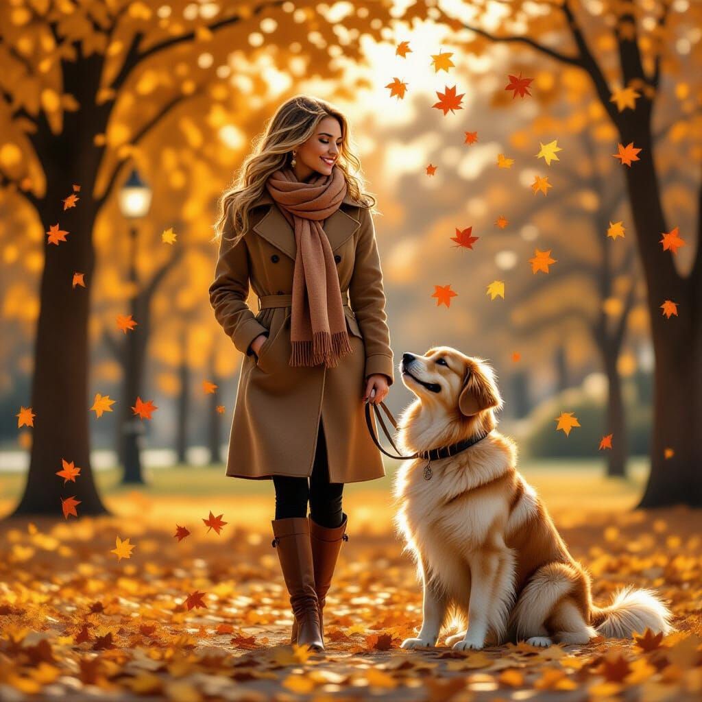 Woman and Dog in Autumn Park