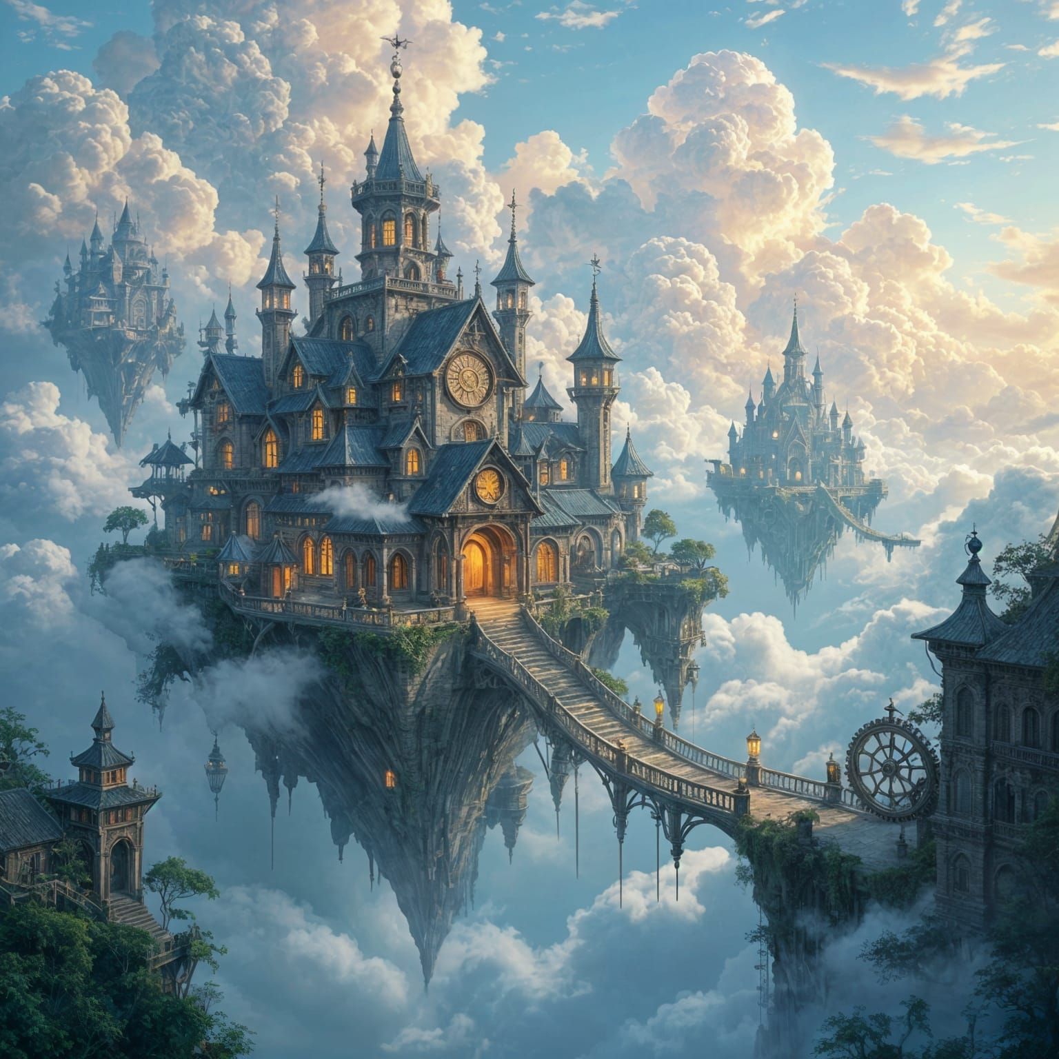 Ethereal Floating City of Time in Mist