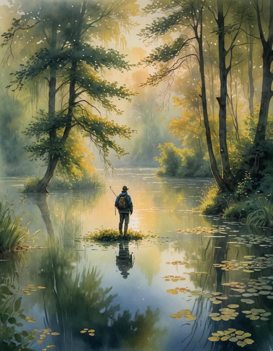 Misty Lake at Dawn in Impressionist Watercolor