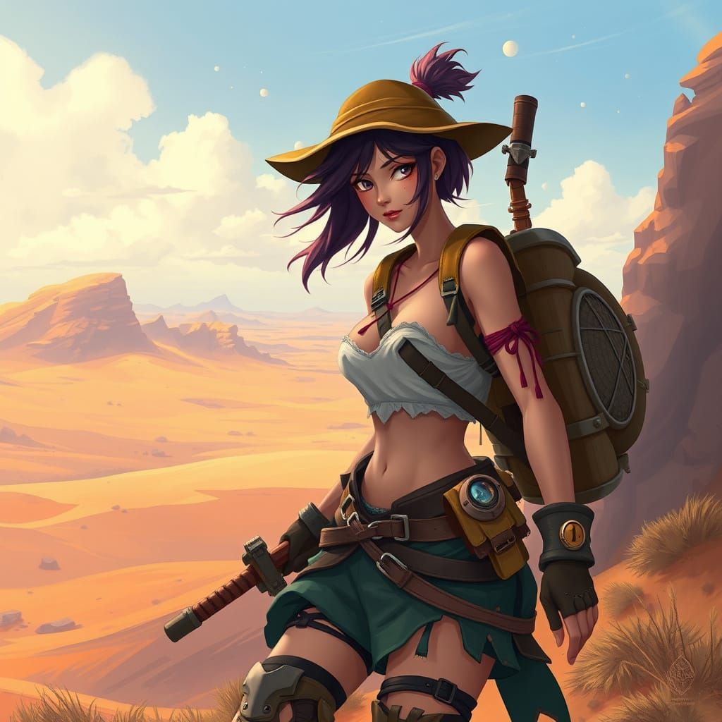 Fantasy Adventurer Hiking Desert Landscape in Digital Art St...