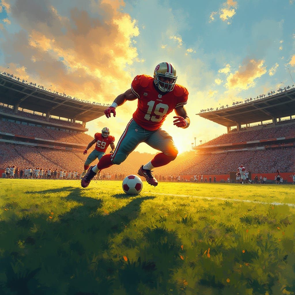 Action-Packed Football Scene in Warm Golden Light