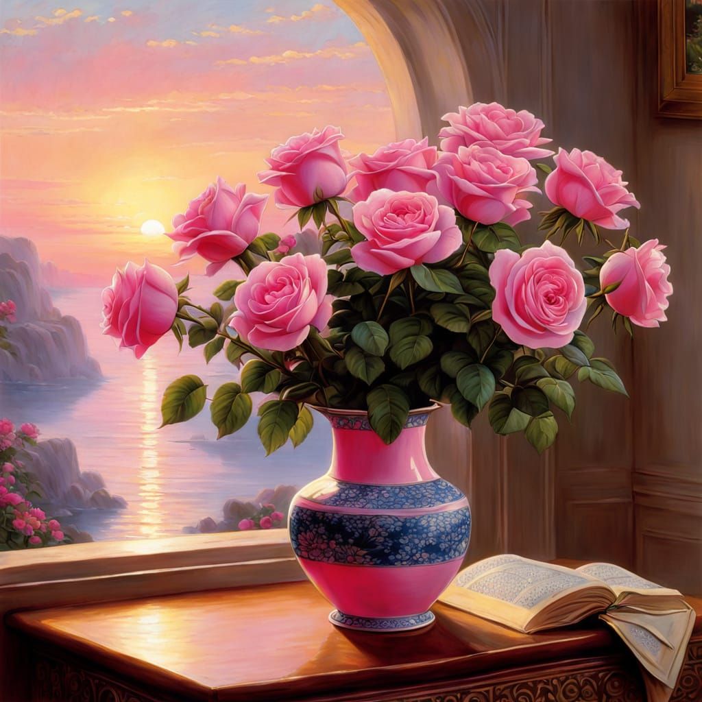Pink Roses in Elegant Vase, Against a Soft Sunrise