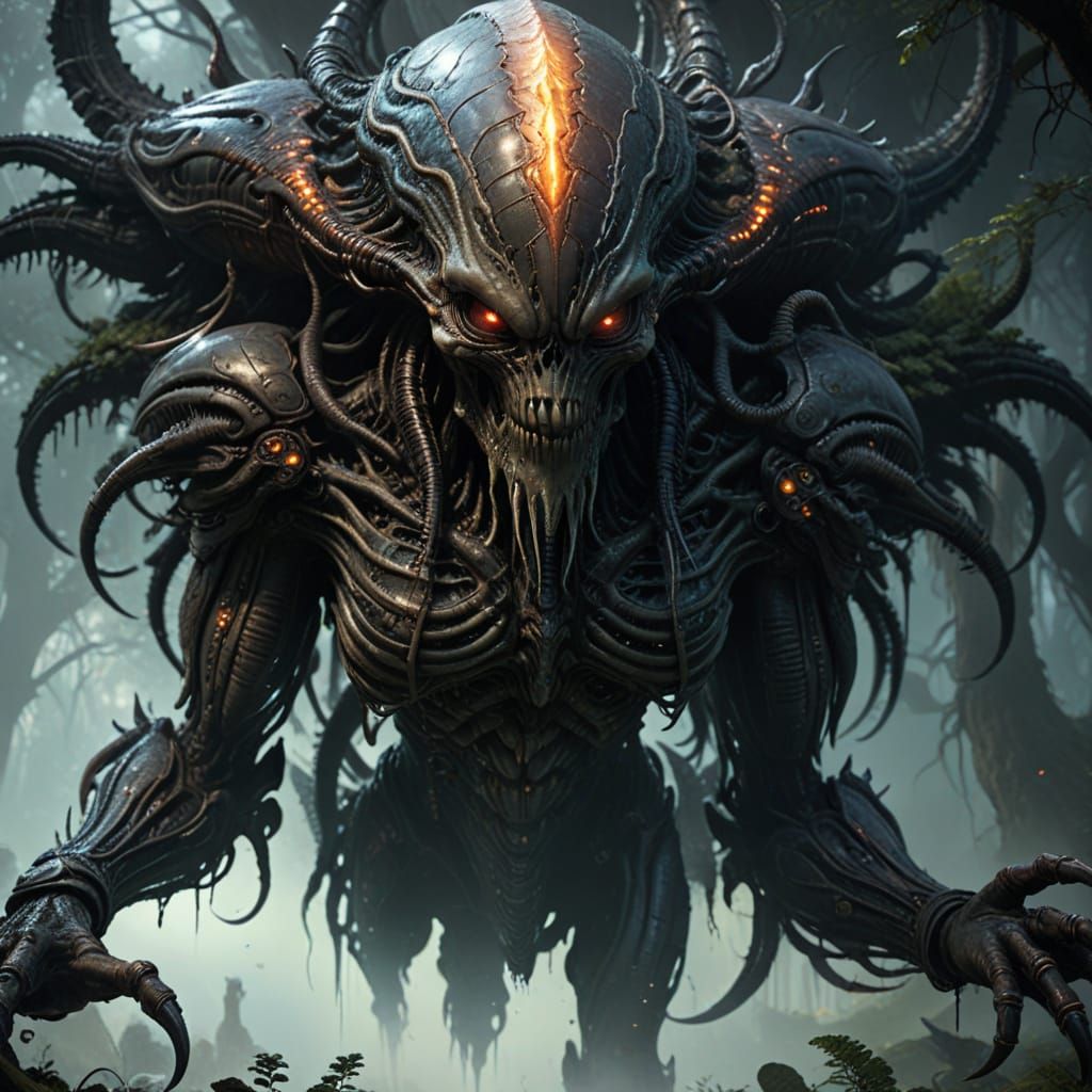 Exotic Alien Creature in Misty Forest: Digital Art