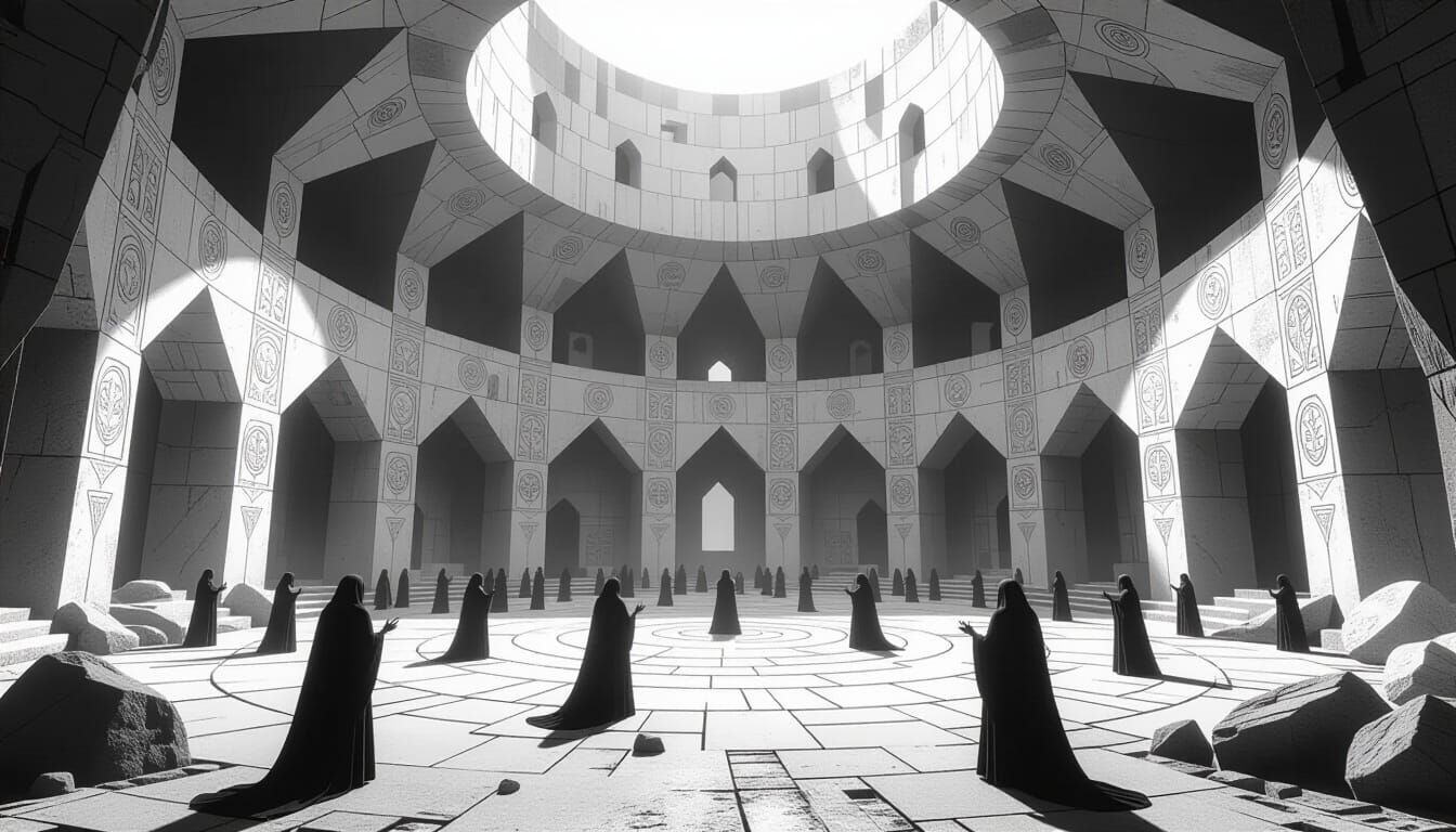 Monochromatic Labyrinth Ruins with Demigods Dancing