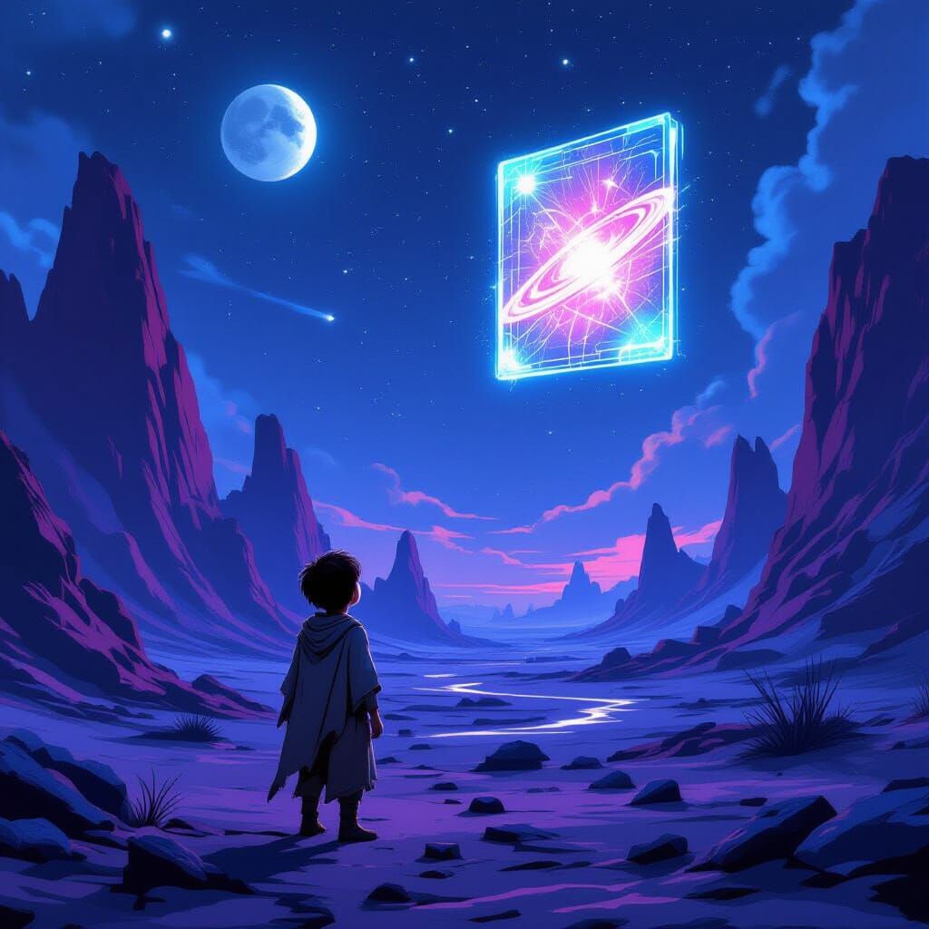 Boy Gazes At Holographic Comic on Alien Planet