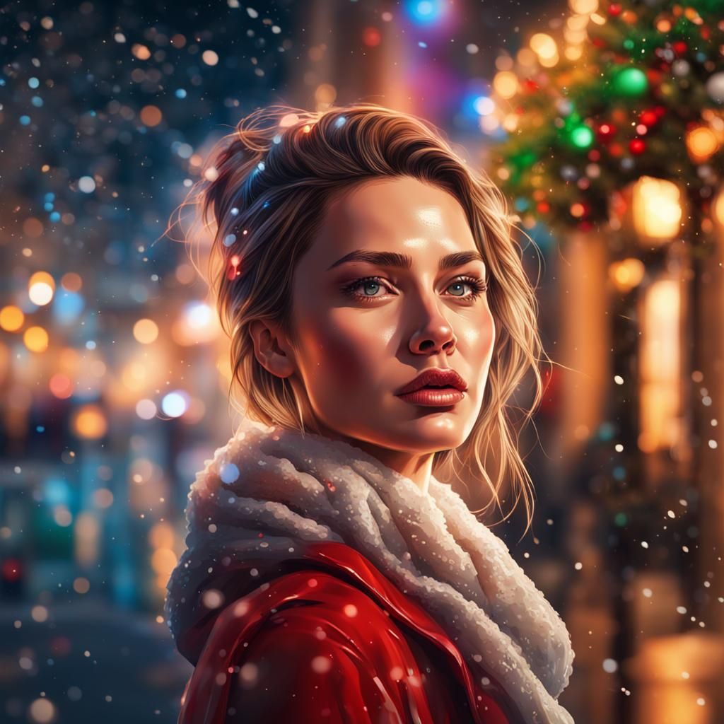 Beautiful Woman in City at Christmas Night