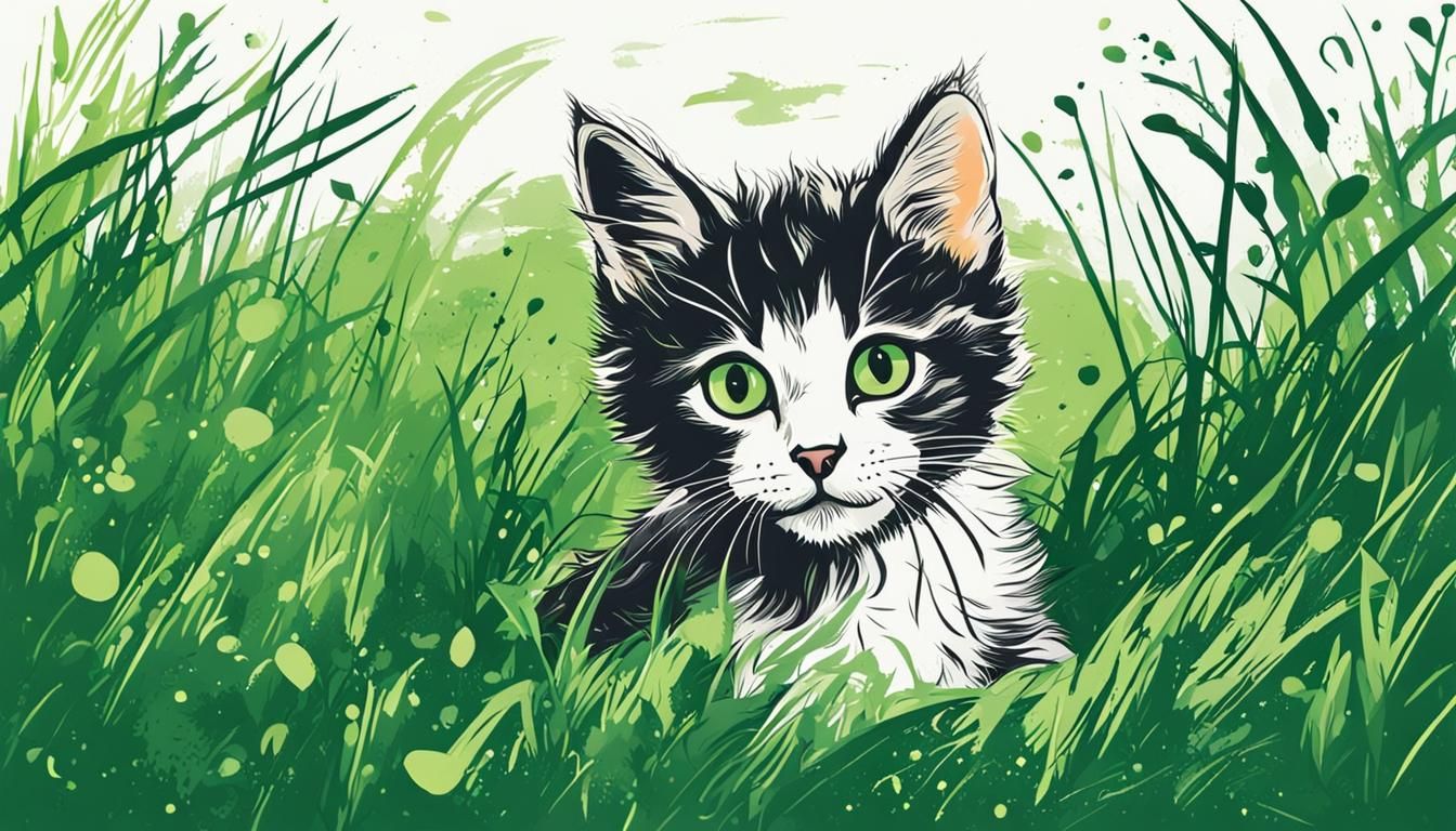 Playful Kitten in Lush Field: Vector Illustration