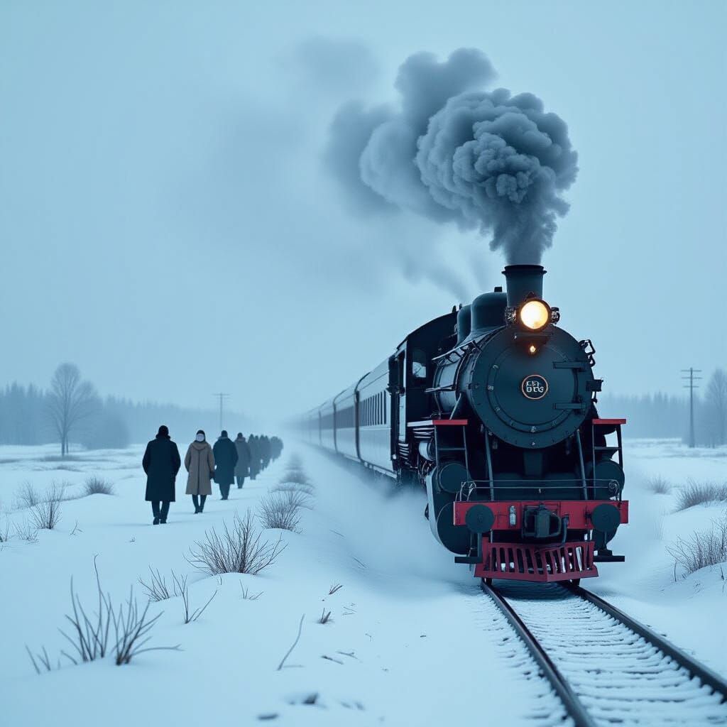 Melancholic Winter Train Journey in Minimalist Surreal Style