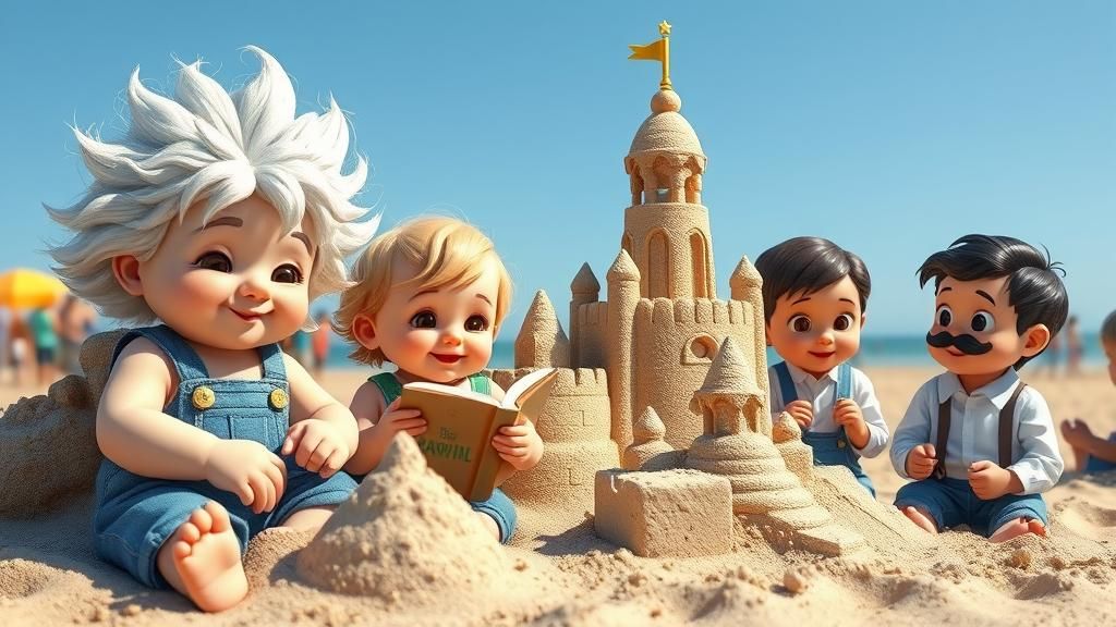 Sandcastle with Baby Scientists in Magical Realism