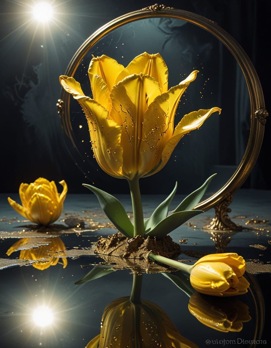 Golden Tulip Mirrored in Surrealist Style