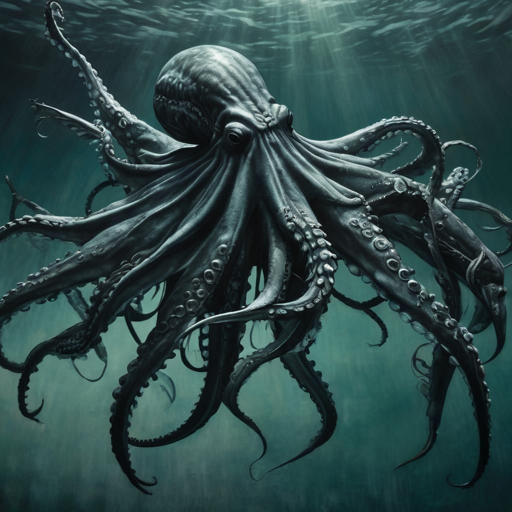 Underwater Struggle: Octopus Versus Marlin in Charcoal