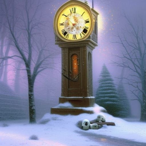 Surreal Melting Clock in Snowy Fantasy Landscape