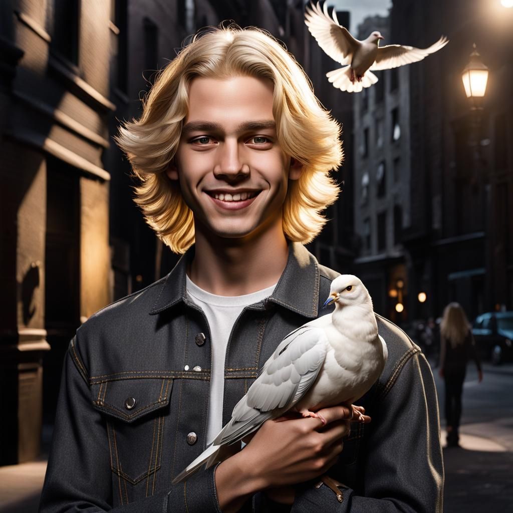 Smiling Teen Boy with Dove in Dark City