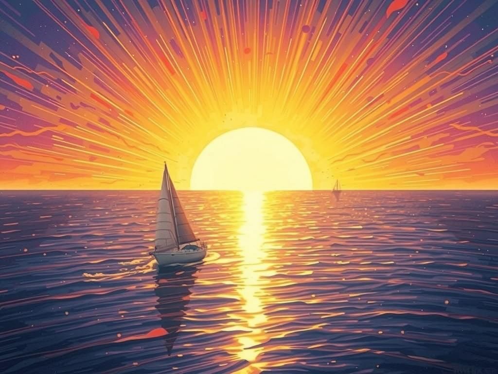 Whimsycore close-up. A gigantic sun sets over the ocean behind a lone sail boat. Filmic, mystical illustration. Swirling...