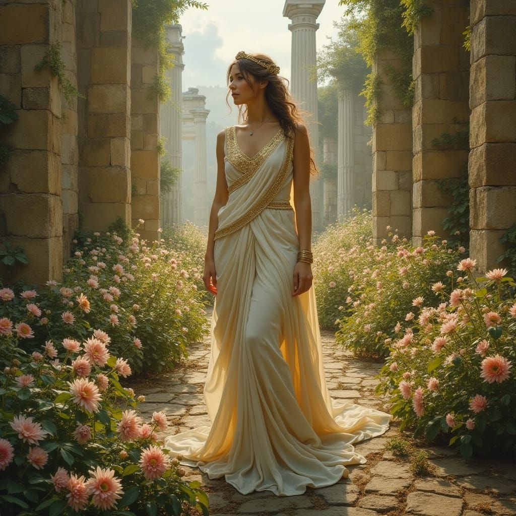 Ethereal Goddess of Love in Ancient Ruins