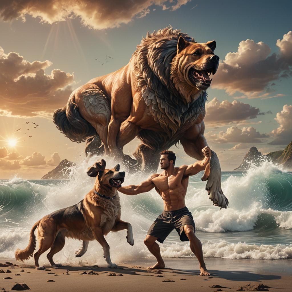 Fantasy Beach Workout: Man and Dog in Sunlight
