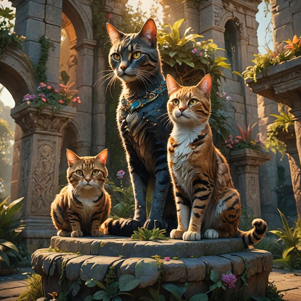 Fantasy Cat Women on Stone Pedestal in Golden Light