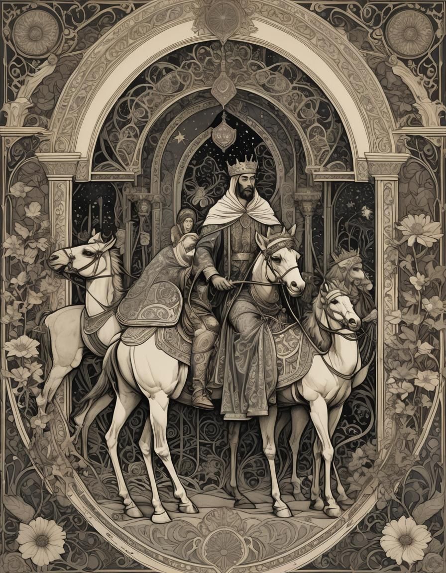 Journey of the Magi: Art Nouveau Charcoal Drawing
