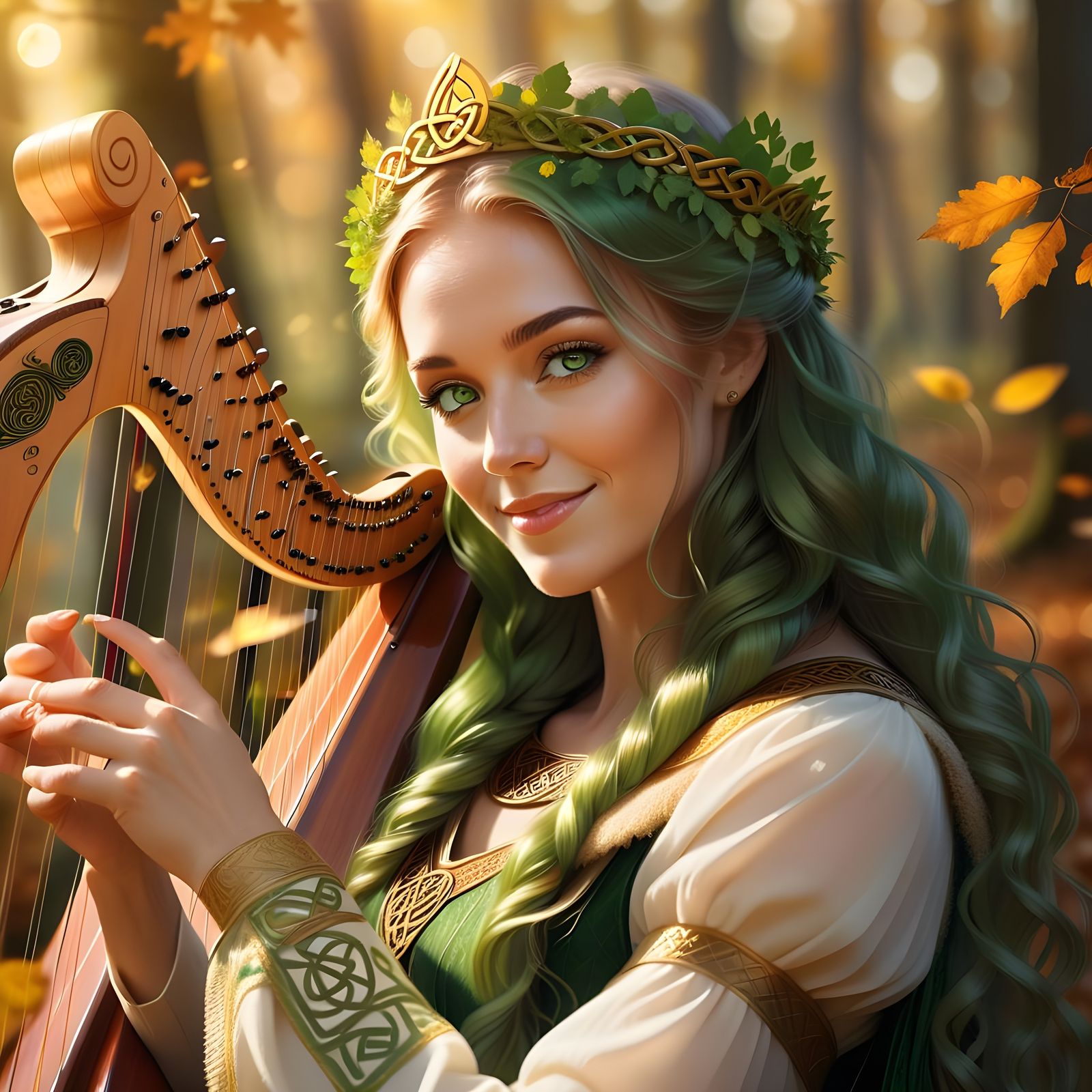 Celtic Princess Playing Harp in Autumn Forest