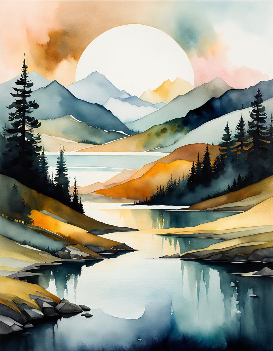 Minimalist Geometric Landscape in Watercolor Style