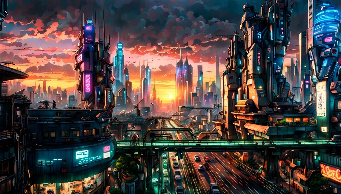 Cyberpunk Metropolis Sunset: Anime Style