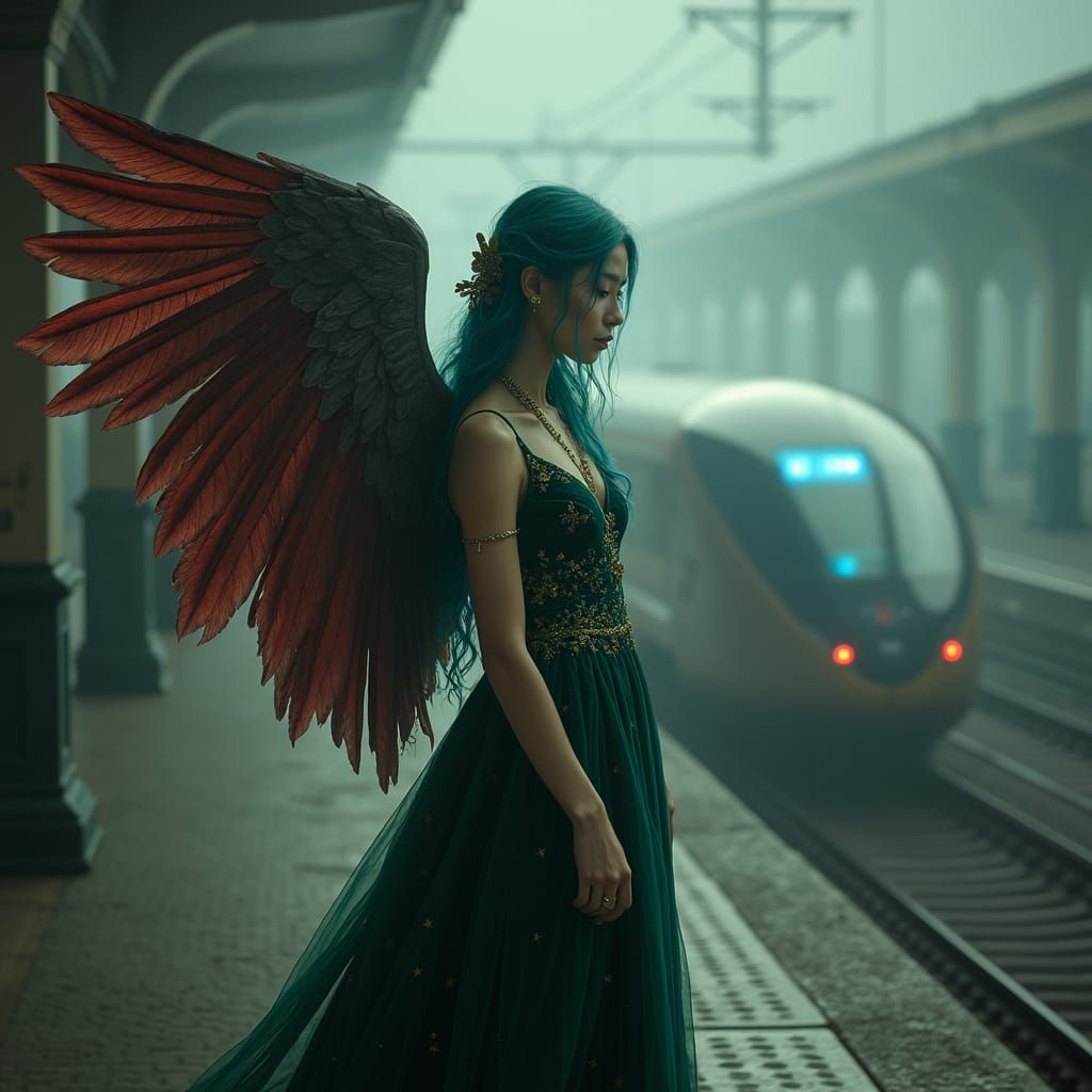 Angel of Victorian Elegance with Sapphire Hair and Dark Red ...