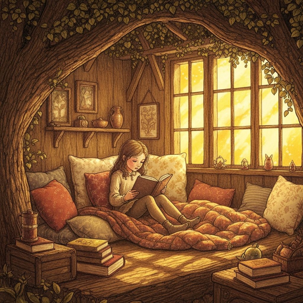 Girl Reading in Cozy Treehouse with Golden Sunlight