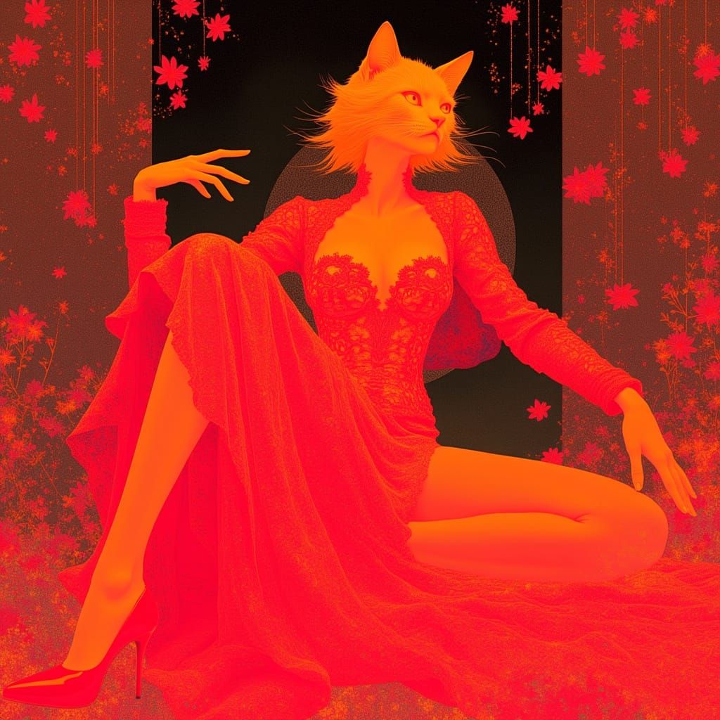 Orange Fur Catgirl in Red Gown, Stylized Art