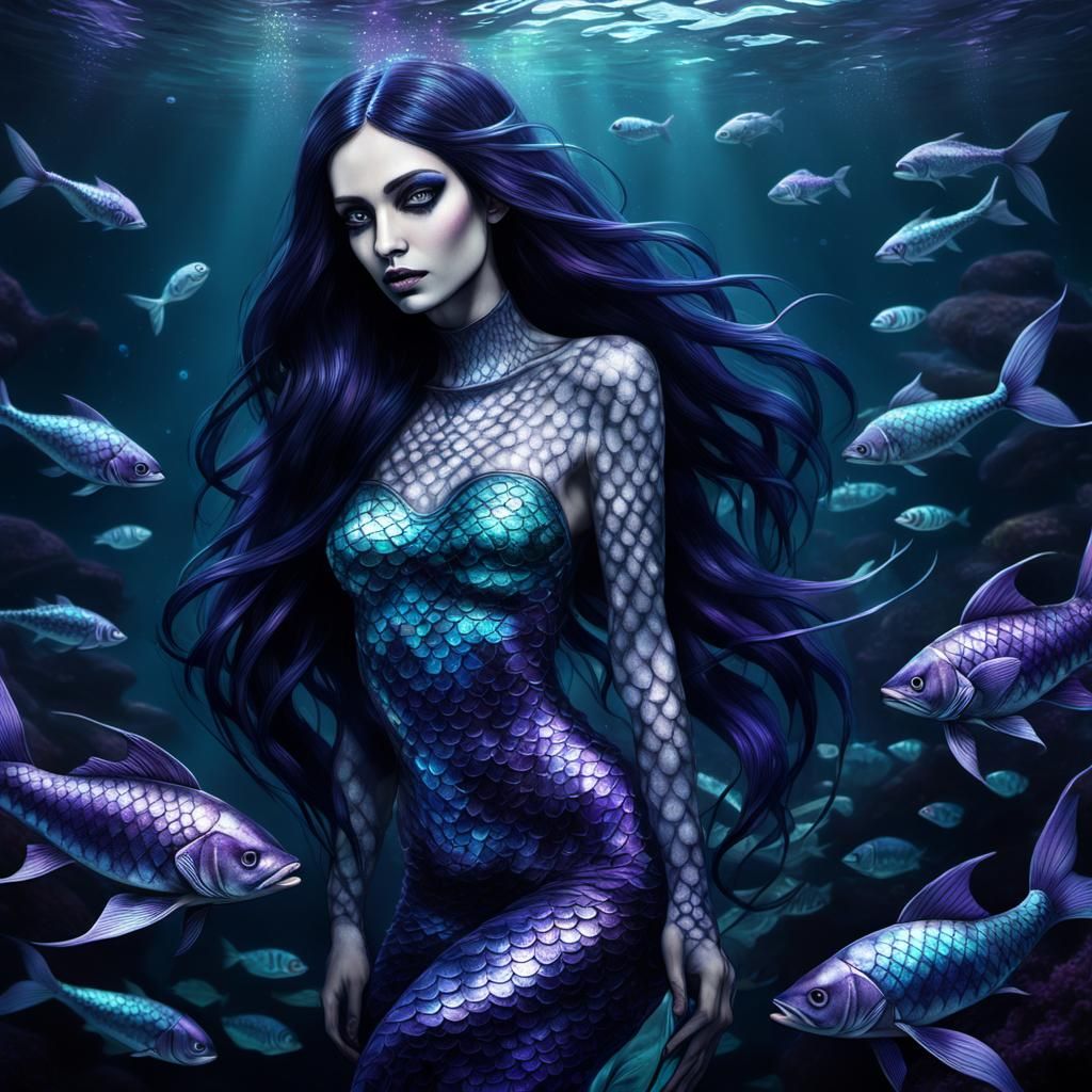 Gothic Mermaid in Biomechanical Underwater World