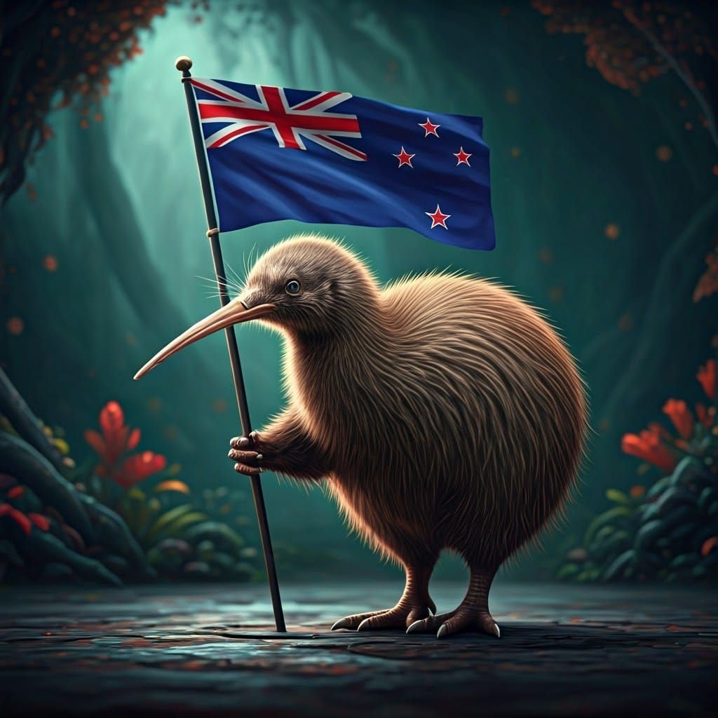 Majestic Kiwi Bird Waving New Zealand Flag in Whimsical Fant...