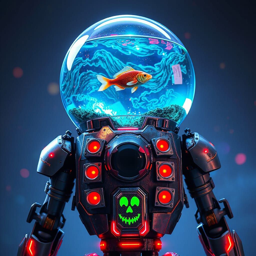 Neon Robot Art with Aquarium Head and Graffiti Accents