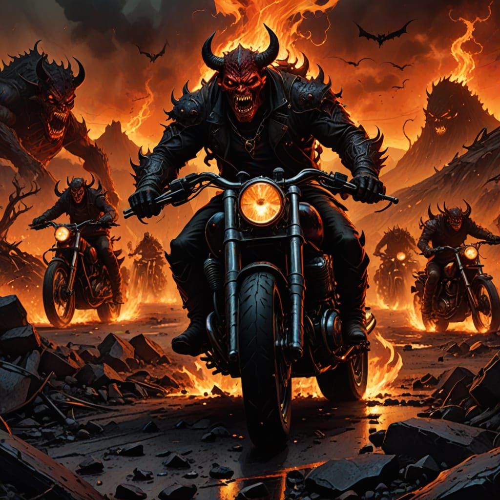 Devil Bikers Ride Through Fiery Wasteland Illustration