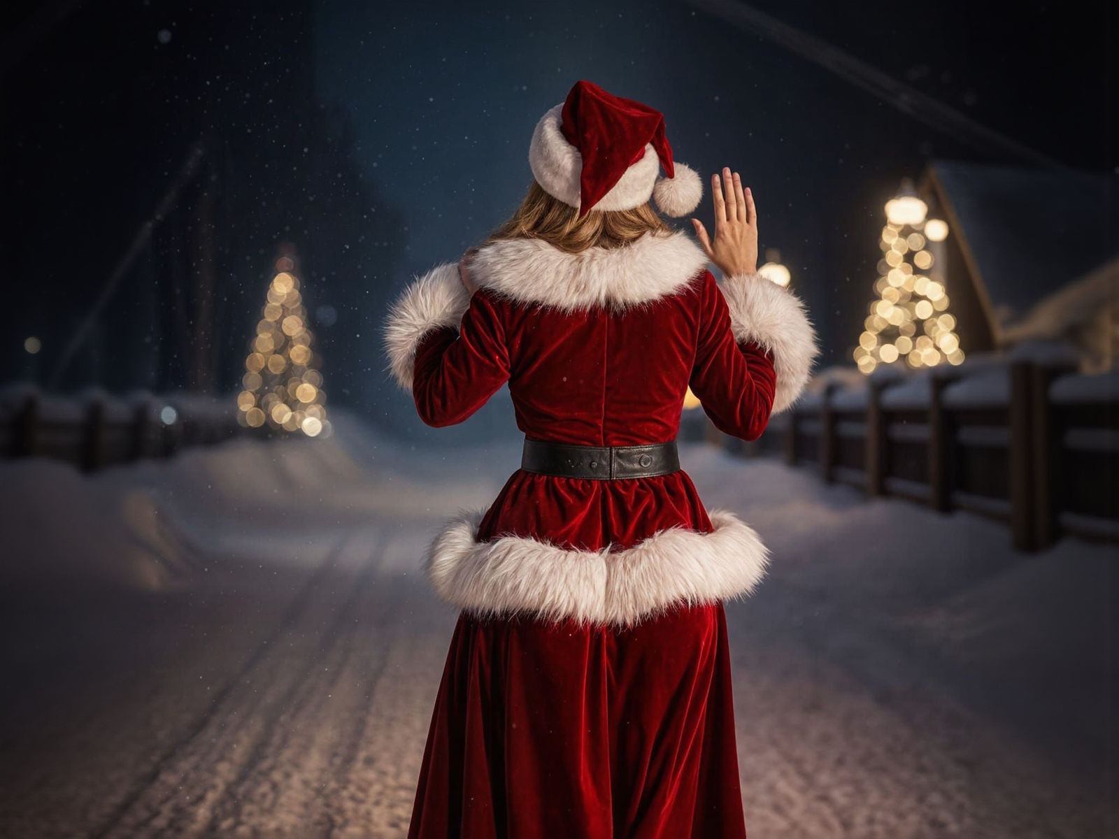 Mrs. Claus Waves Goodbye in Snowy Night