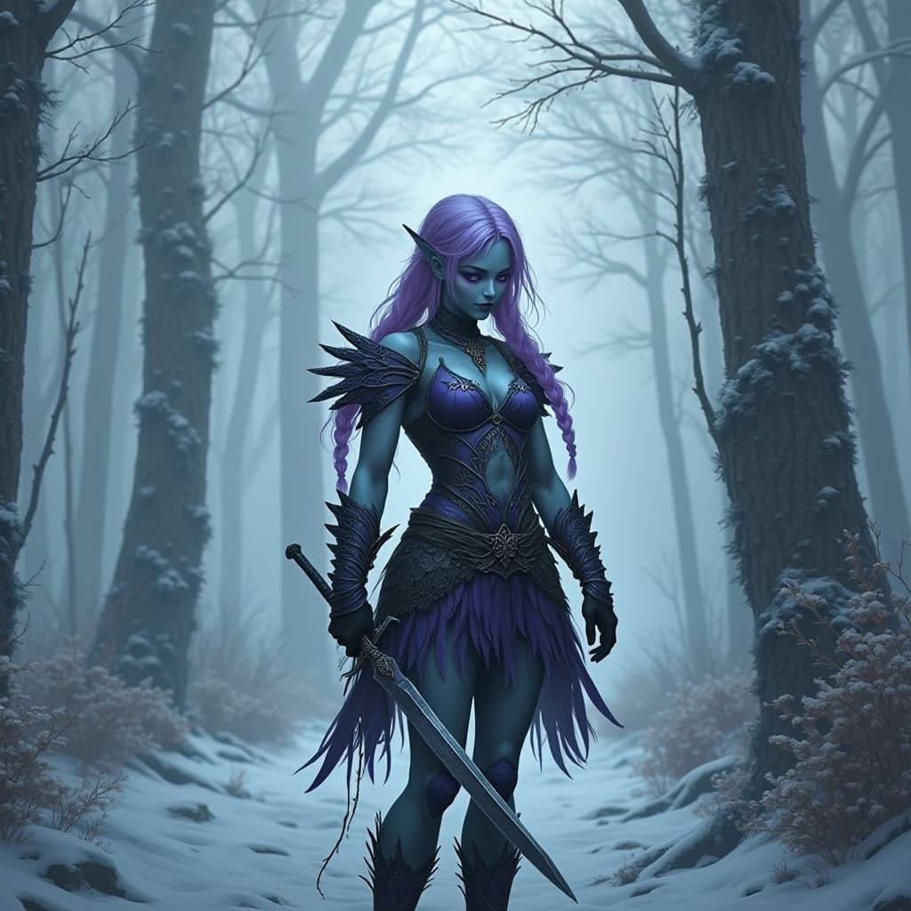 Dark Fae Warrior in Ethereal Winter Forest