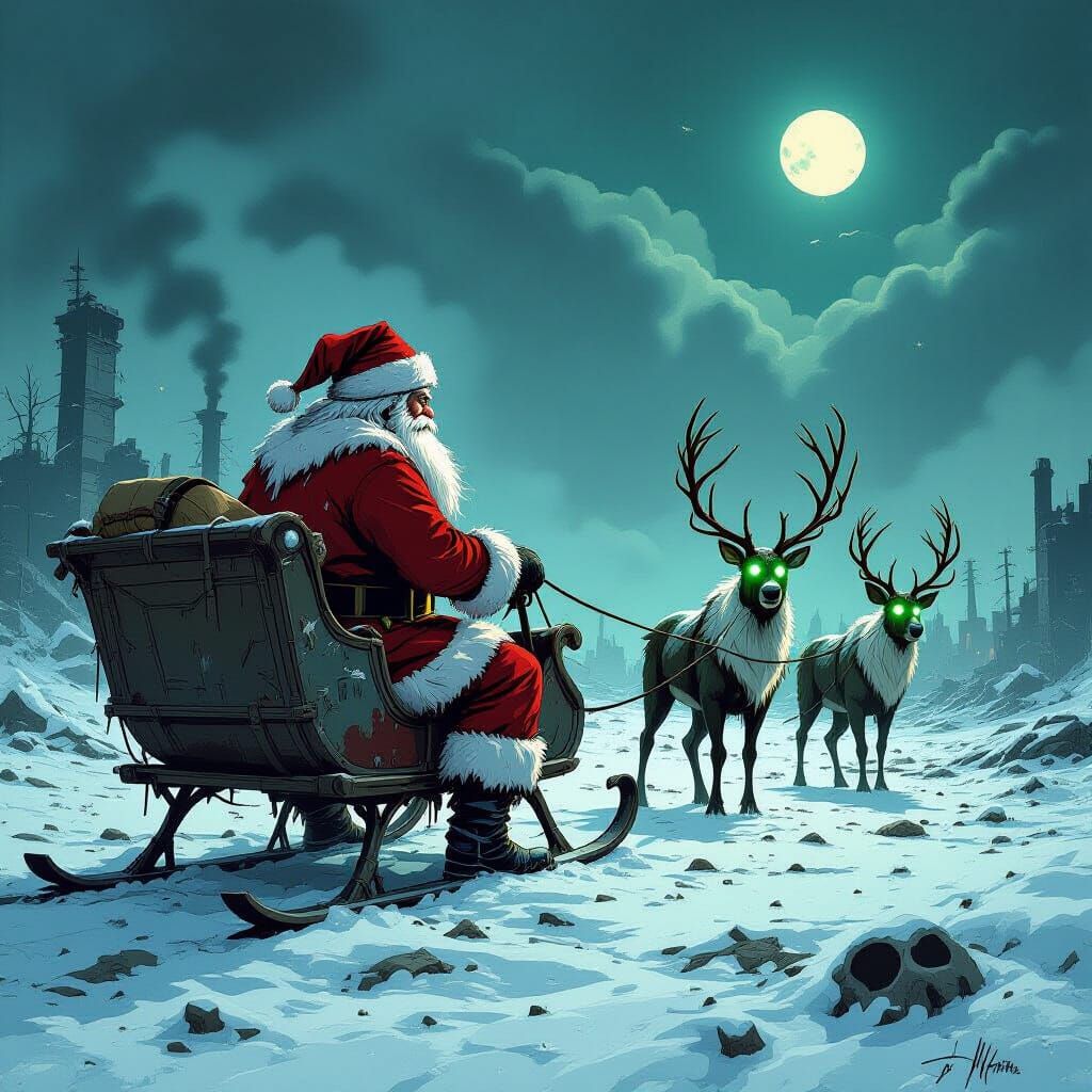 Post-Apocalyptic Santa Surveys Wasteland in Dark Fantasy Sty...
