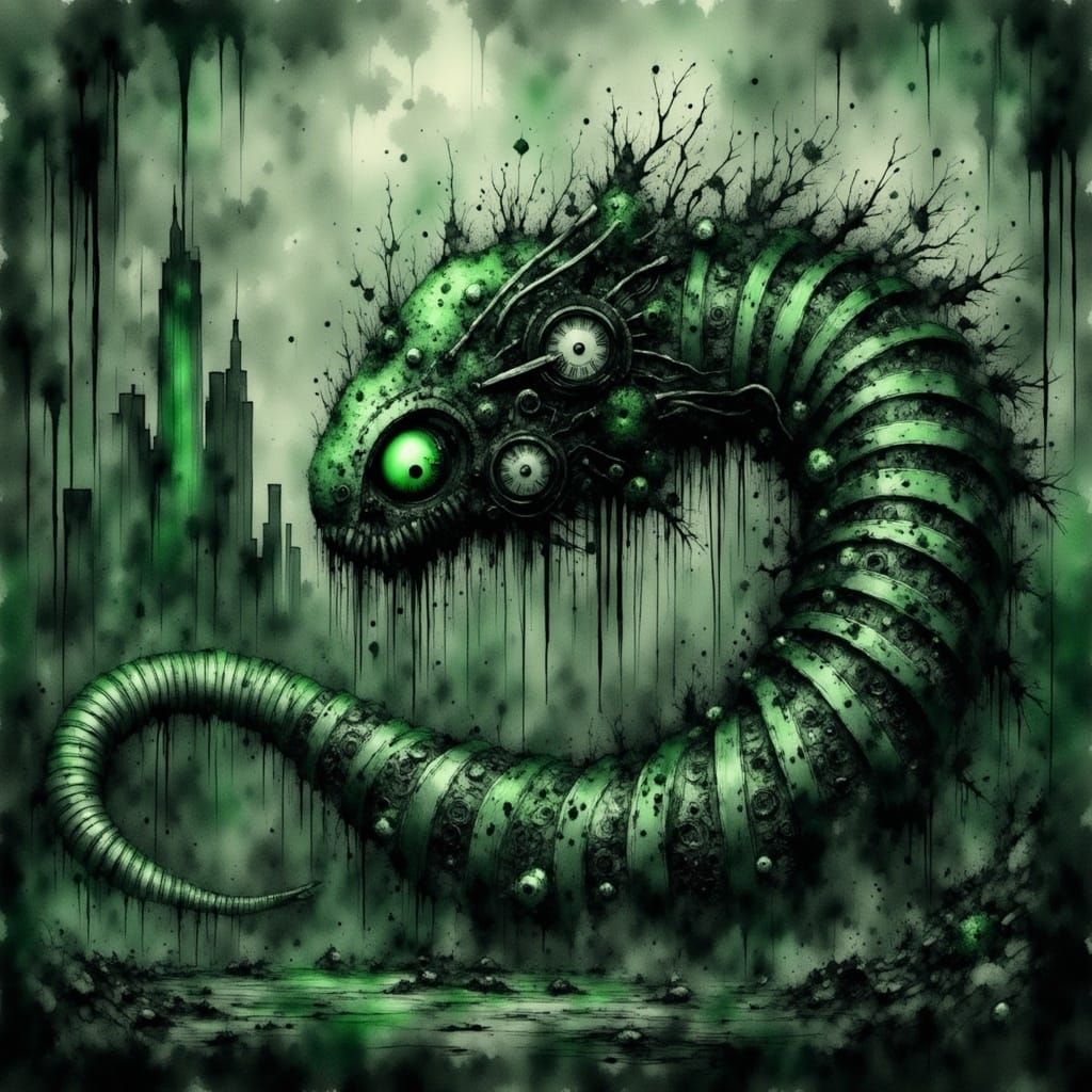 Giant Biomechanical Worm Rampage in Glitch Art Style