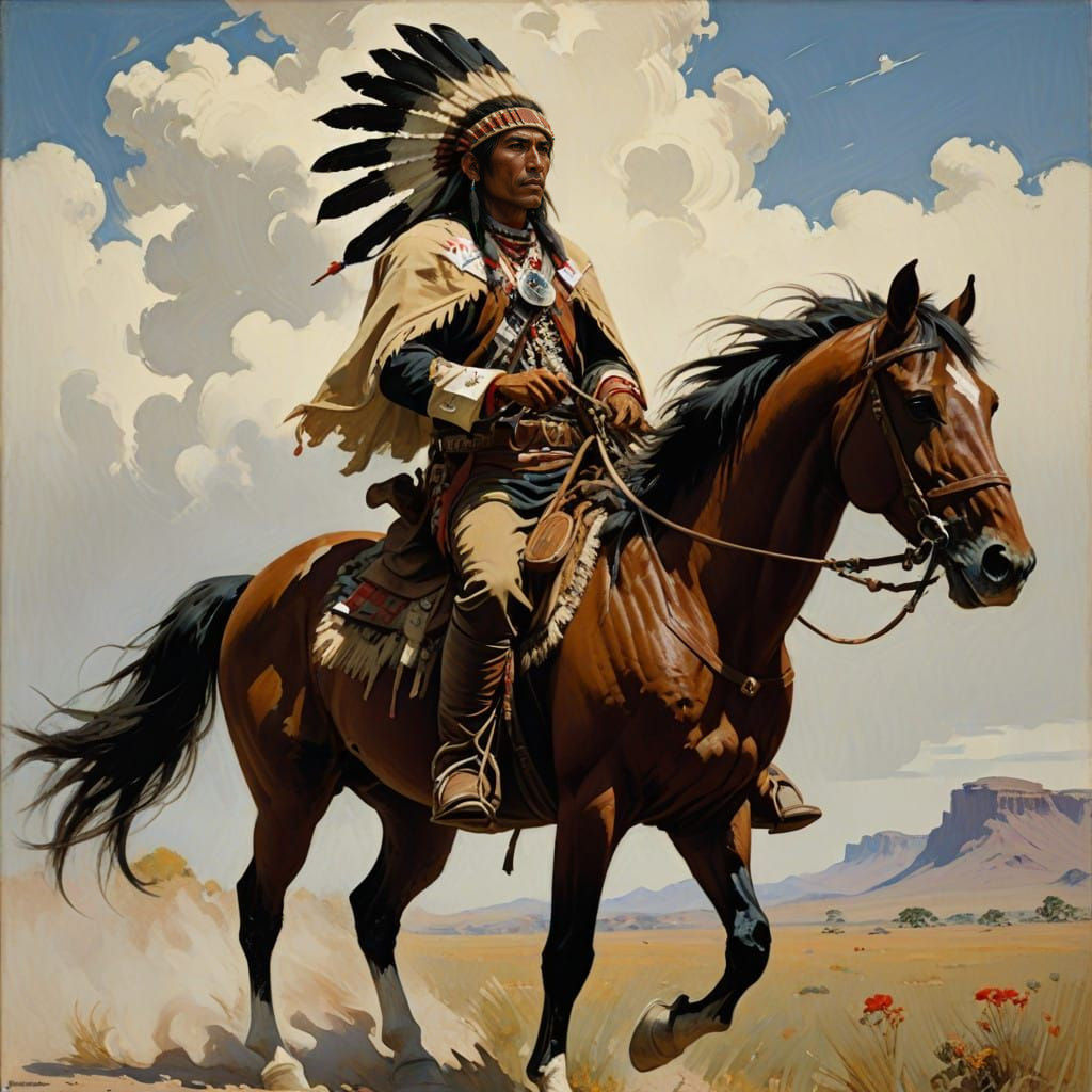 Apache Indian Rider on Mustang Horse in White Background