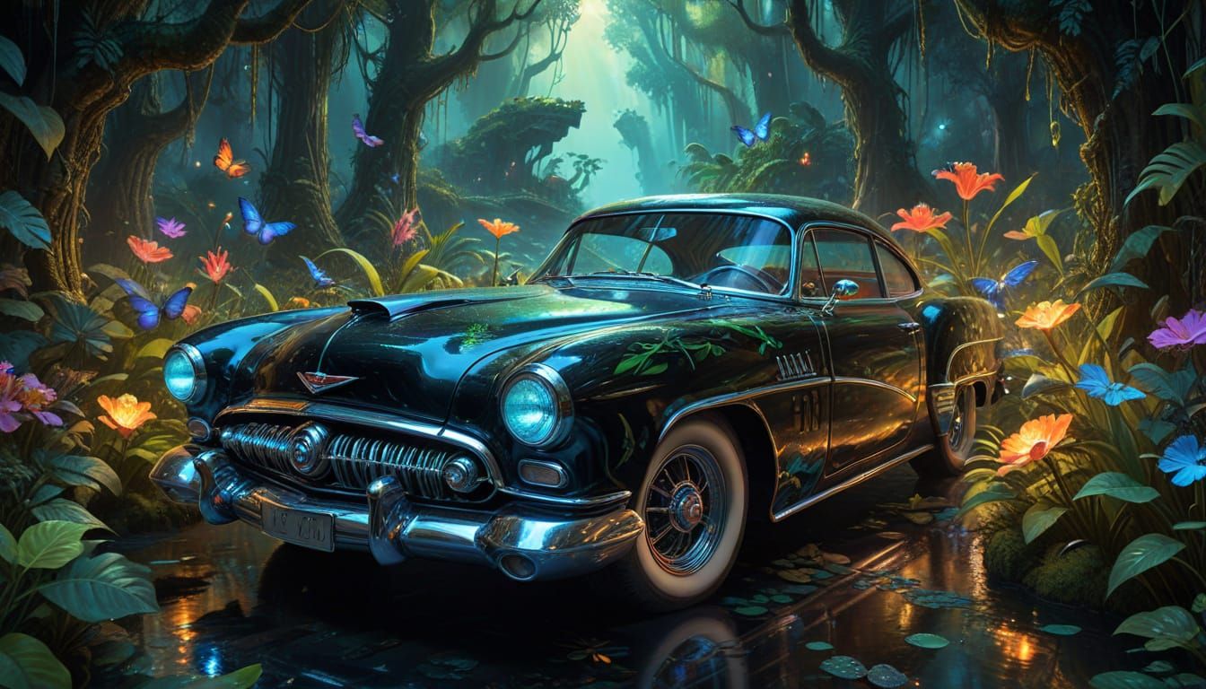 Bioluminescent Jungle Cruise in Classic Muscle Car