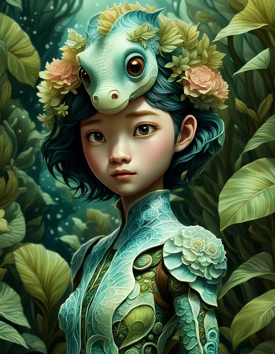 Seahorse Humanoid in Lush Flora: Digital Painting