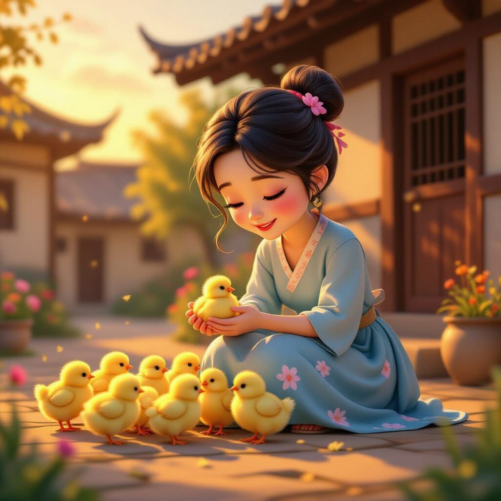 Chinese Village Girl Feeds Chicks in Sunset Glow