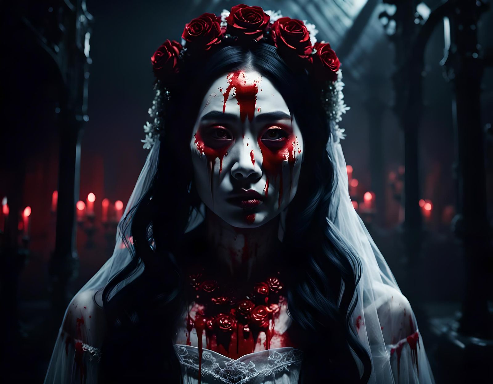Ghost Bride Portrait in Dark Cinematic Horror Scene
