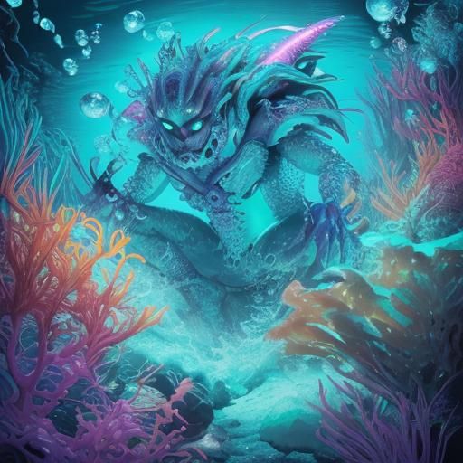 Fluorescent Fish-Man Crab Hybrid in Synthwave Style