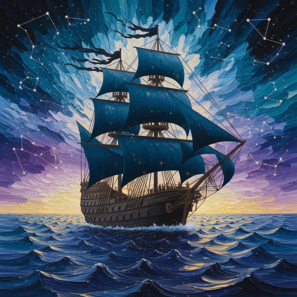 Ghostly Pirate Ship Sailing on Starry Sea