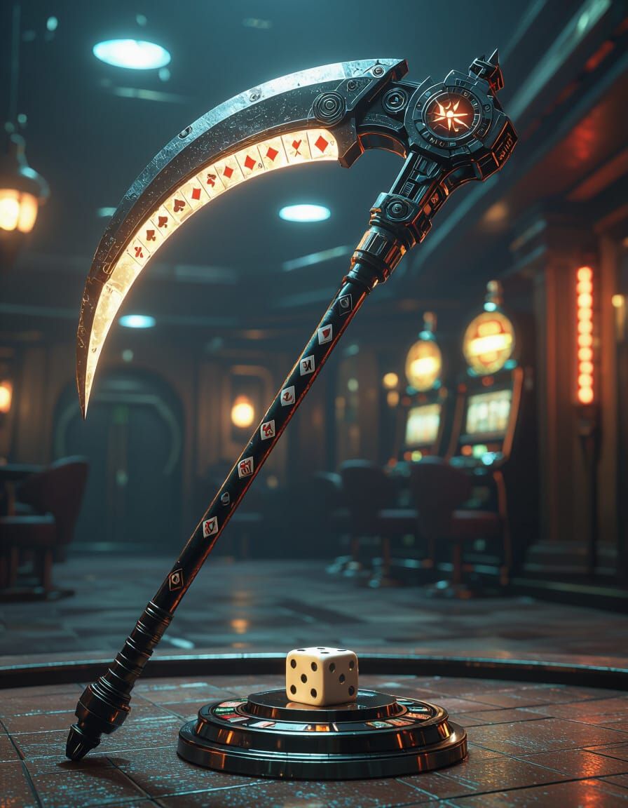Futuristic Scythe with Poker Card Details in Sci-Fi Style