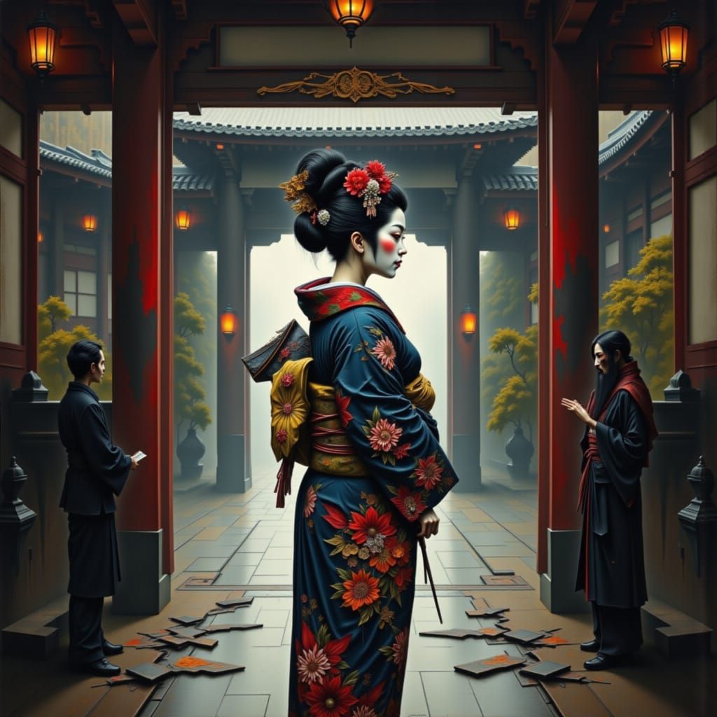 Geisha in Ancient Temple, Moody Atmosphere