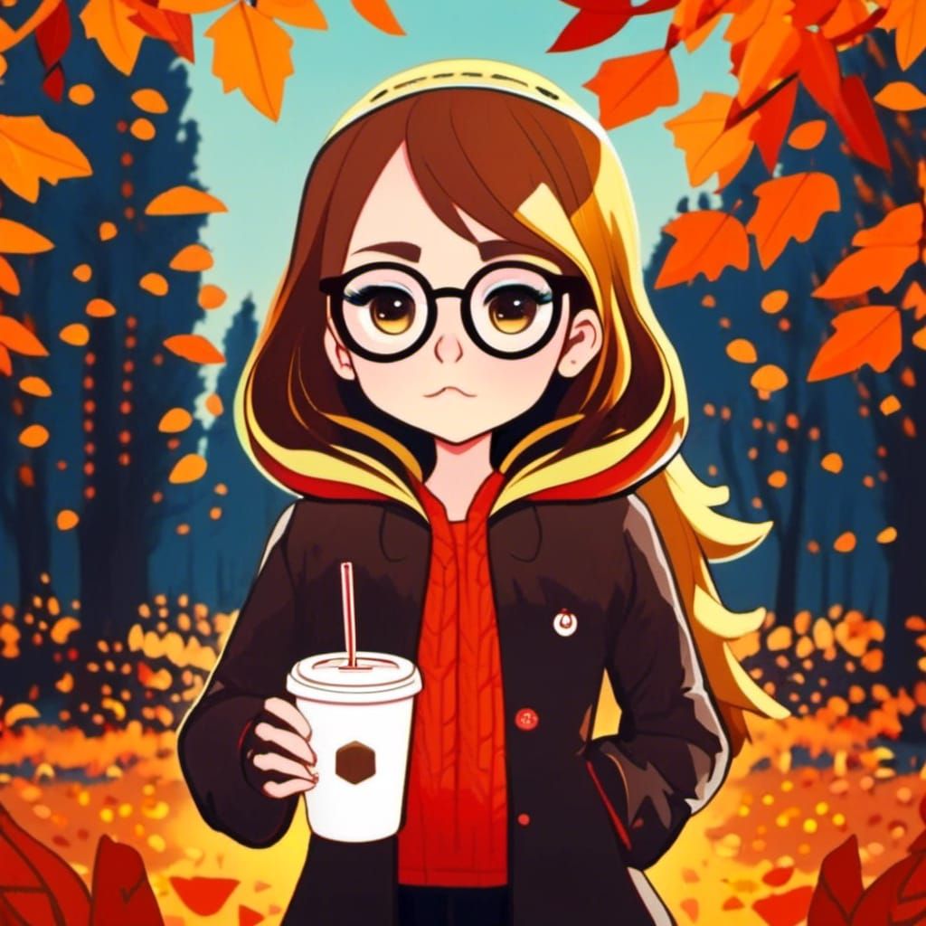Chibi Girl with Coffee in Autumn Scene