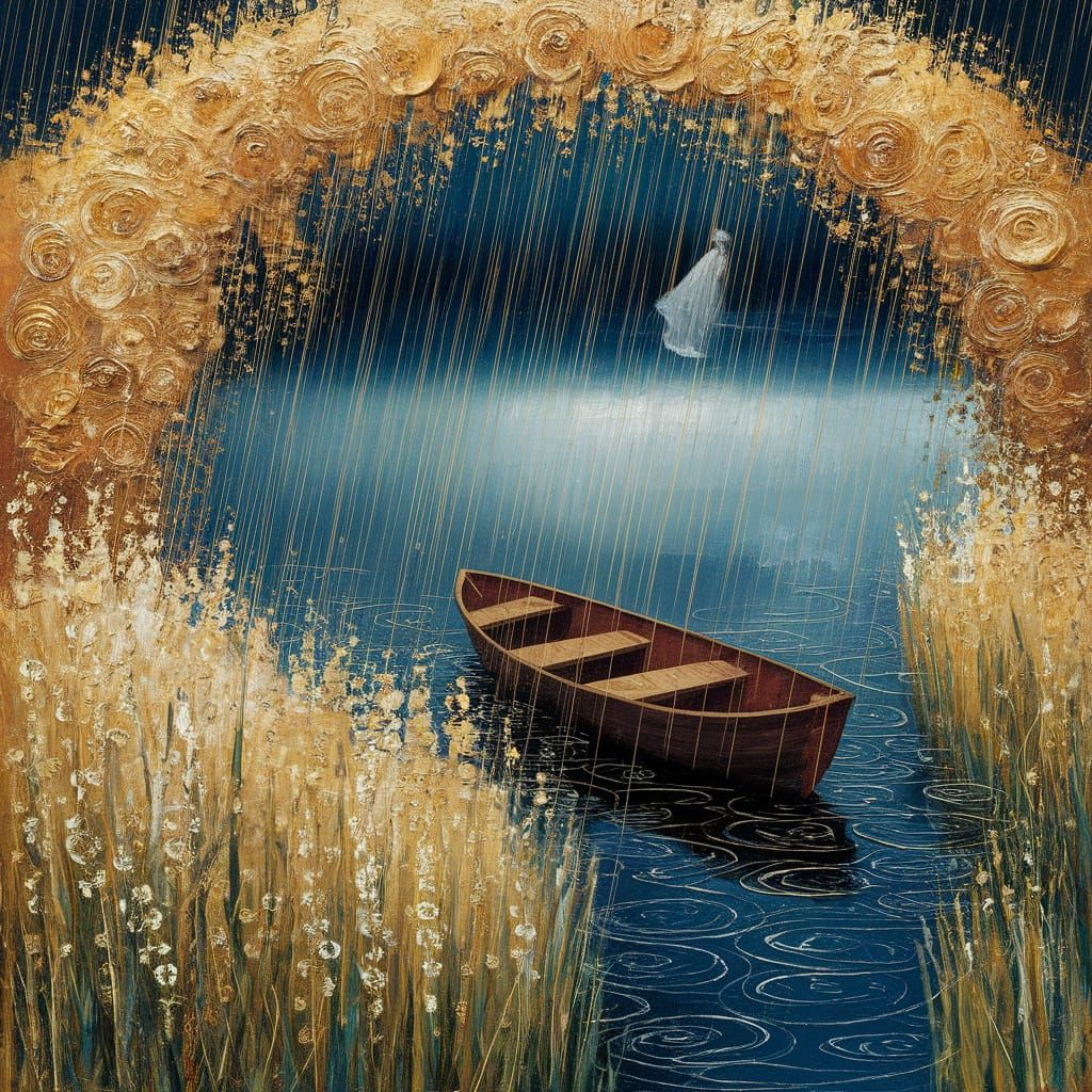 Klimt Style Impasto Painting of Rainy Lake and Golden Flower...