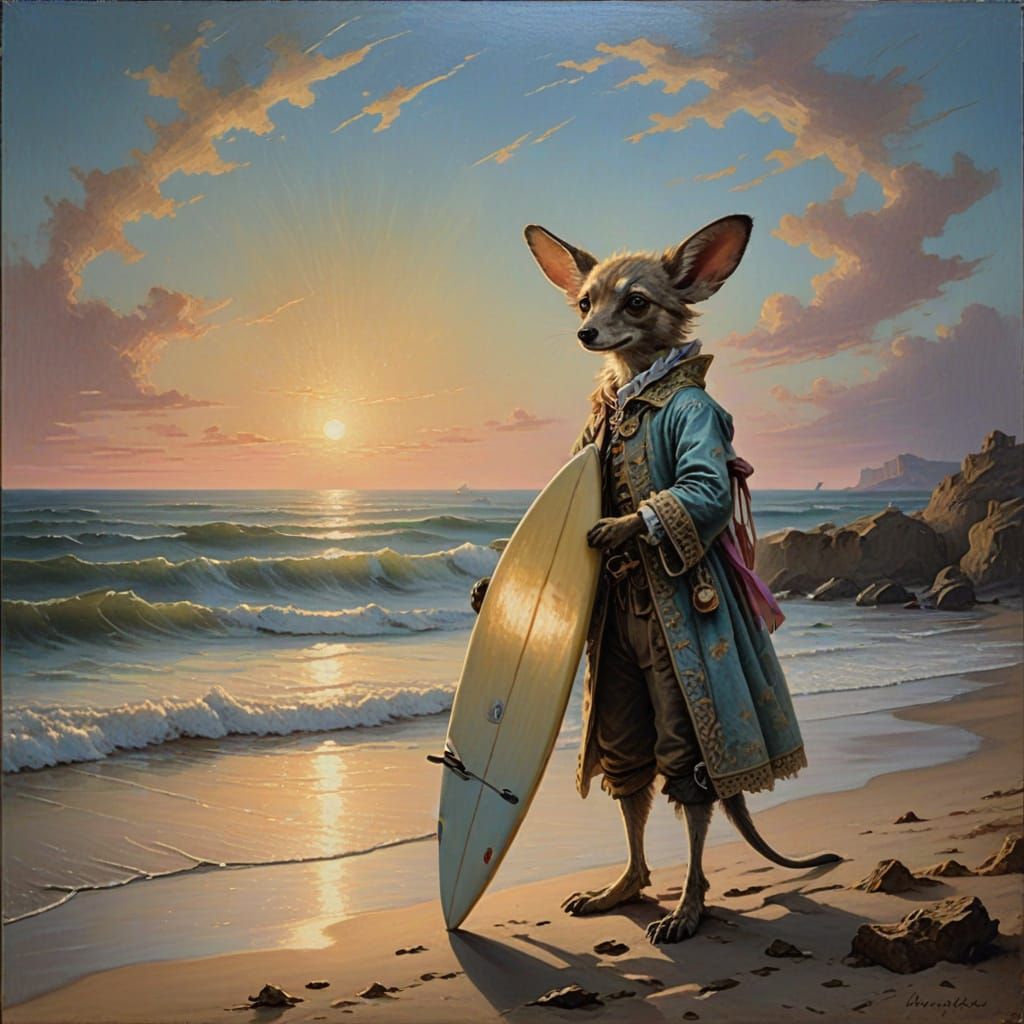 Alien Surfer at Sunrise in Whimsical Style