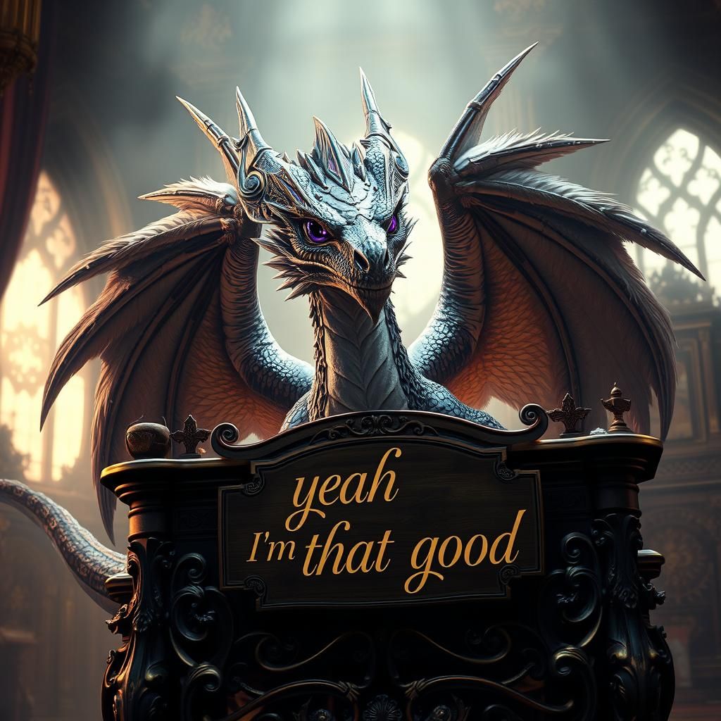 Feathered Dragon at Desk in Dreamlike Setting